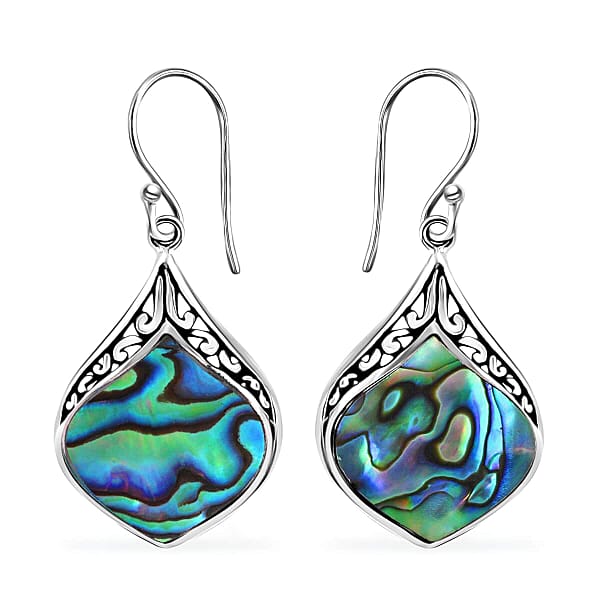 Abalone Shell Inlay Resin Block Stretch Bracelet And Earrings In Sterling Silver