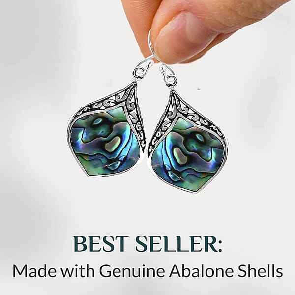 Abalone Shell Inlay Resin Block Stretch Bracelet And Earrings In Sterling Silver