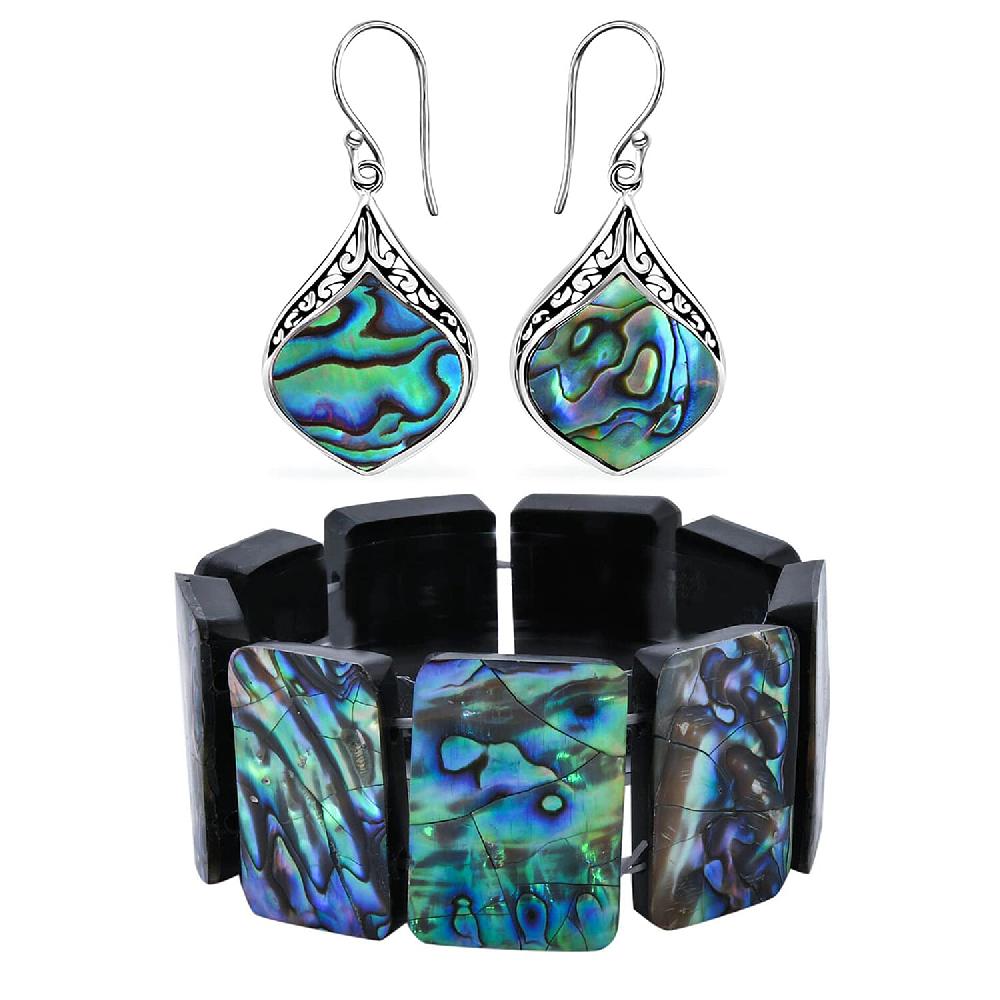 Abalone Shell Inlay Resin Block Stretch Bracelet and Earrings in Sterling Silver