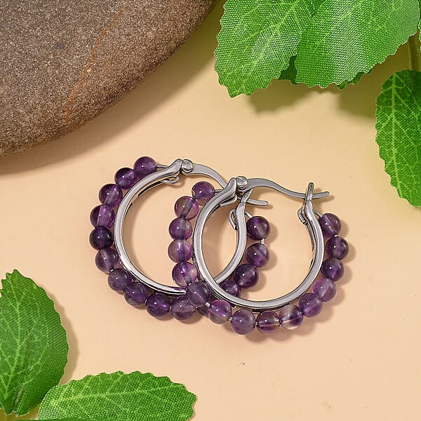 African Amethyst 17.00 Ctw Beaded Hoop Earrings In Stainless Steel