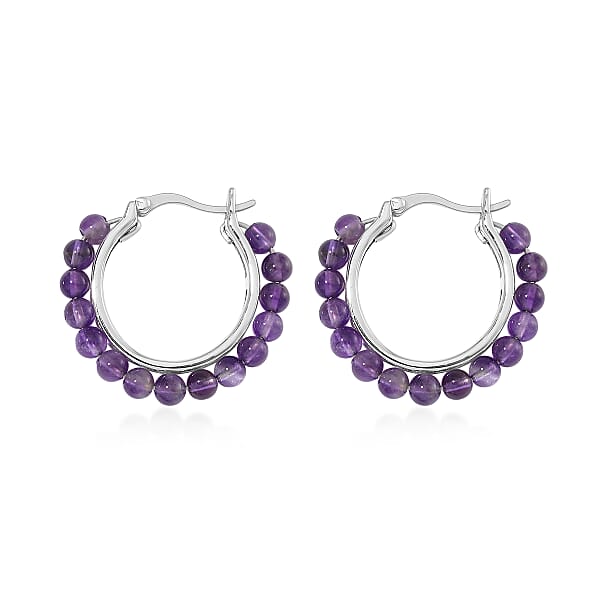 African Amethyst 17.00 Ctw Beaded Hoop Earrings In Stainless Steel