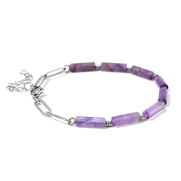 African Amethyst 22.50 Ctw Barrel Shape Paper Clip Chain Bracelet (8.00-9.50In) In Stainless Steel
