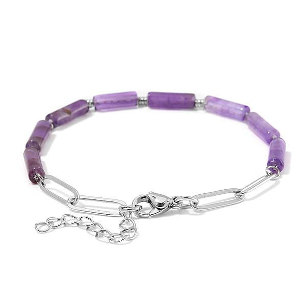 African Amethyst 22.50 Ctw Barrel Shape Paper Clip Chain Bracelet (8.00-9.50In) In Stainless Steel