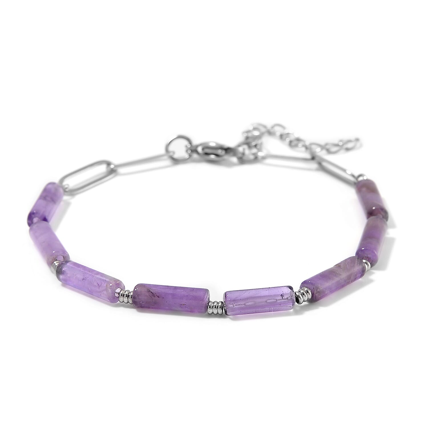 African Amethyst 22.50 ctw Barrel Shape Paper Clip Chain Bracelet (8.00-9.50In) in Stainless Steel