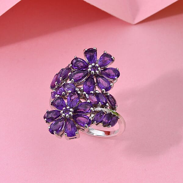 African Amethyst 3.80 Ctw Bypass Flower Ring In Rhodium Over Sterling Silver