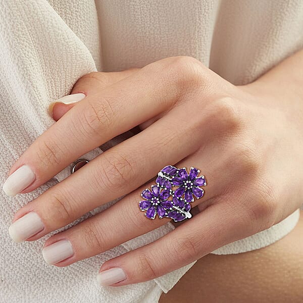 African Amethyst 3.80 Ctw Bypass Flower Ring In Rhodium Over Sterling Silver