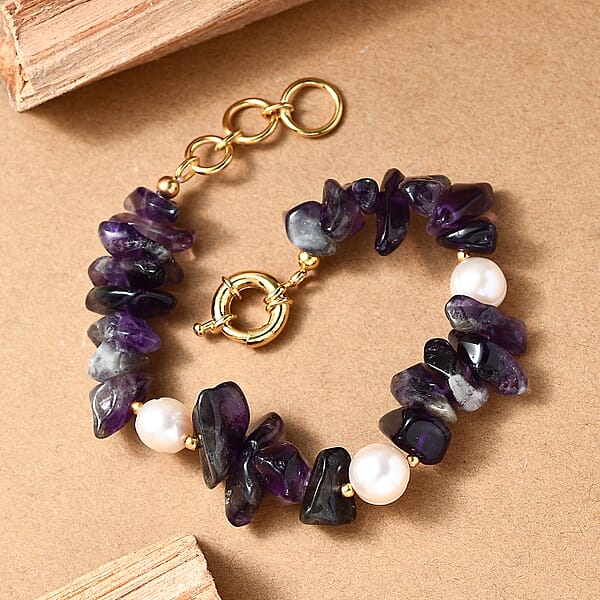 African Amethyst Chips 80.00 Ctw And Freshwater Pearl Bracelet In 18K YG Plated (7.25 In)