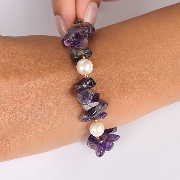 African Amethyst Chips 80.00 Ctw And Freshwater Pearl Bracelet In 18K YG Plated (7.25 In)