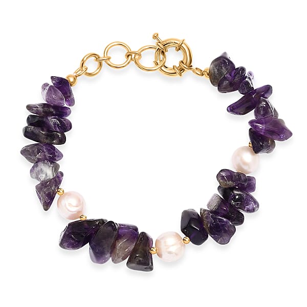 African Amethyst Chips 80.00 Ctw And Freshwater Pearl Bracelet In 18K YG Plated (7.25 In)