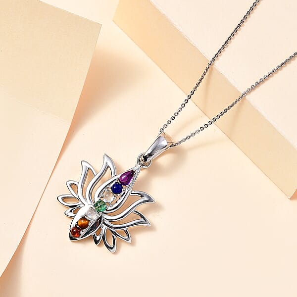African Amethyst Multi Gemstones Fancy Pendant In Rhodium Over Sterling Silver 3.68 Ctw