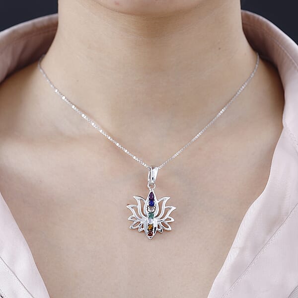 African Amethyst Multi Gemstones Fancy Pendant In Rhodium Over Sterling Silver 3.68 Ctw