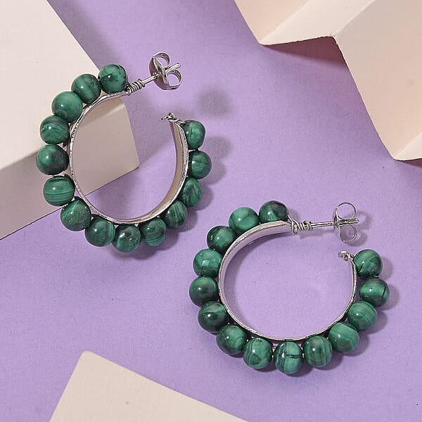 African Malachite 30.00 Ctw Beaded Hoop Earrings In Silvertone