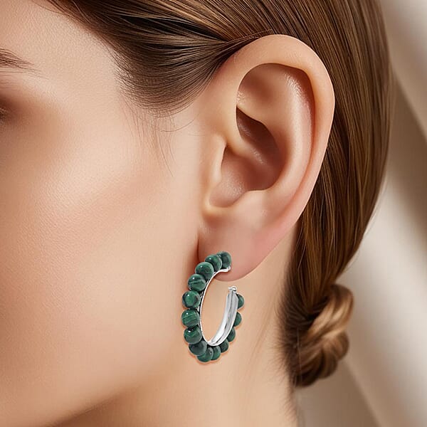 African Malachite 30.00 Ctw Beaded Hoop Earrings In Silvertone