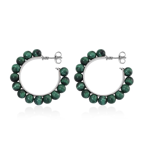 African Malachite 30.00 Ctw Beaded Hoop Earrings In Silvertone