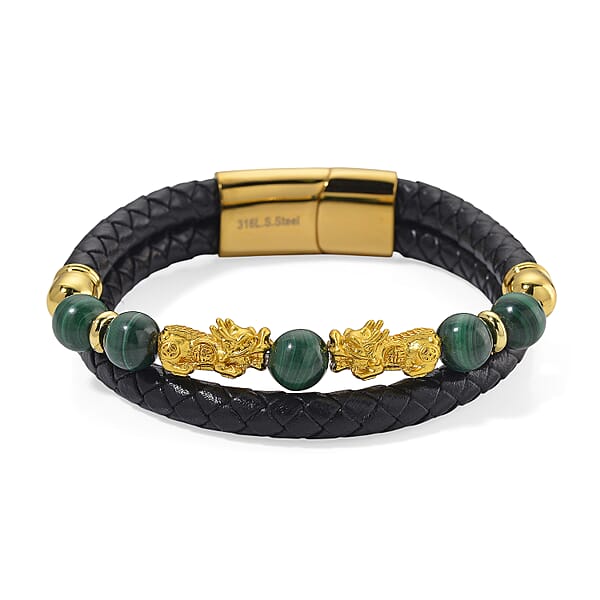 African Malachite 68.50 Ctw Beaded And Leather Cord Pixiu Bracelet In Goldtone (7.50 In)