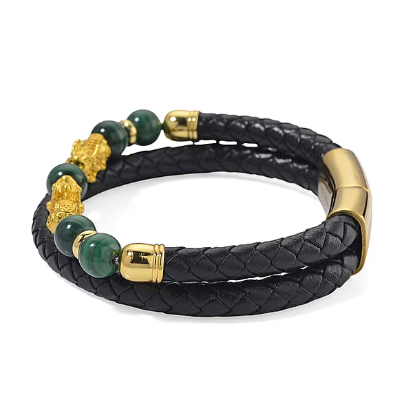 African Malachite 68.50 Ctw Beaded And Leather Cord Pixiu Bracelet In Goldtone (7.50 In)