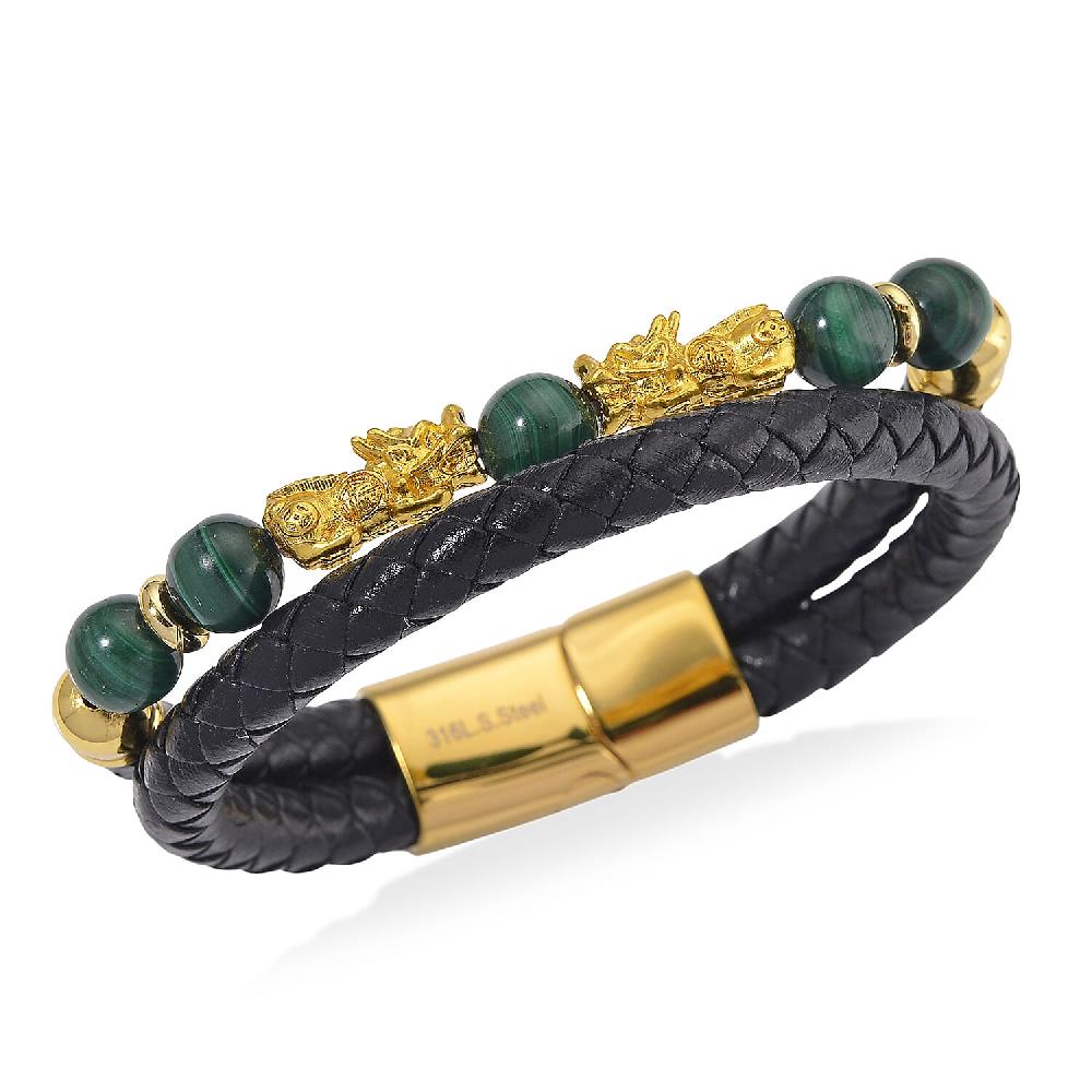 African Malachite 68.50 ctw Beaded and Leather Cord Pixiu Bracelet in Goldtone (7.50 In)