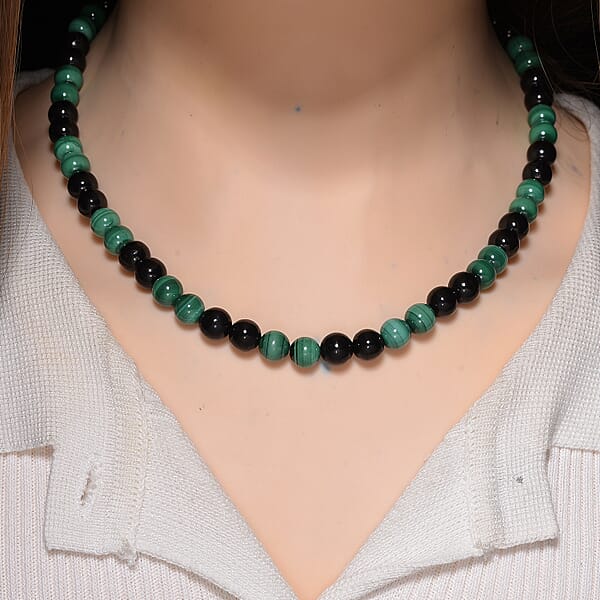 African Malachite And Shungite 230.00 Ctw Beaded Necklace In Stainless Steel 18-20 Inches