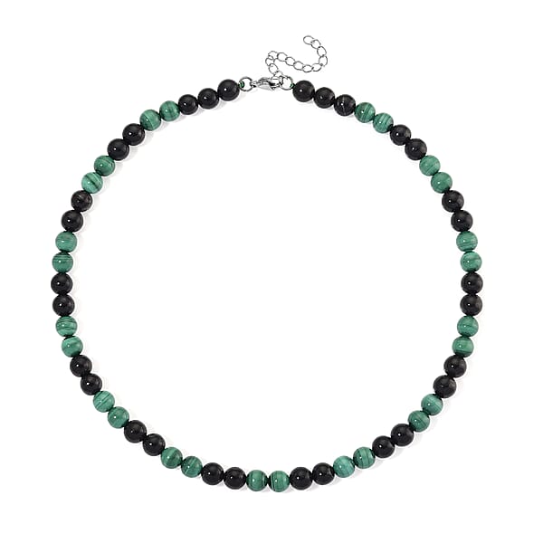 African Malachite And Shungite 230.00 Ctw Beaded Necklace In Stainless Steel 18-20 Inches