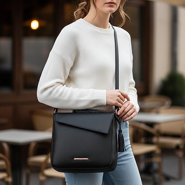 Alexis Bendel Black Faux Leather Asymmetric Flap Shoulder Bag