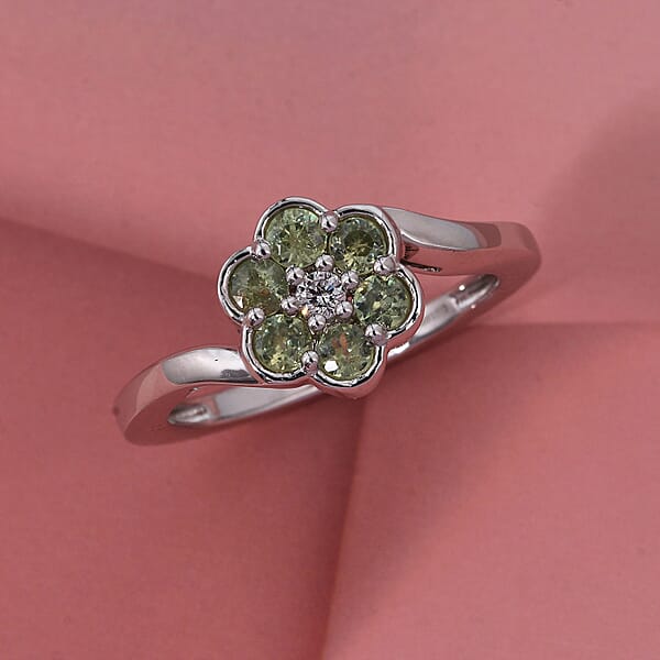 Ambanja Demantoid Garnet And Luxuriant Lab Grown Diamond G-H SI 0.85 Ctw Natures Bloom Ring In Rhodium Over Sterling Silver