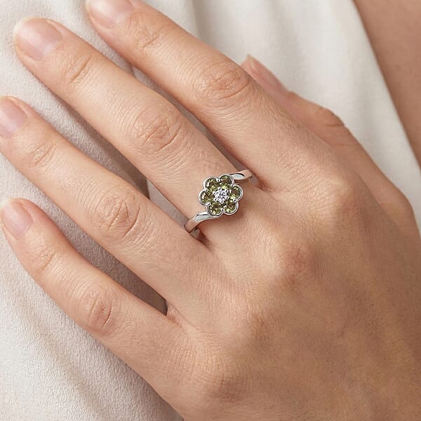 Ambanja Demantoid Garnet And Luxuriant Lab Grown Diamond G-H SI 0.85 Ctw Natures Bloom Ring In Rhodium Over Sterling Silver