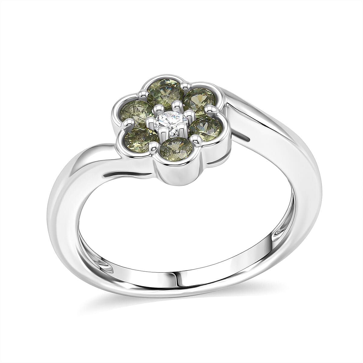Ambanja Demantoid Garnet and Luxuriant Lab Grown Diamond G-H SI 0.85 ctw Natures Bloom Ring in Rhodium Over Sterling Silver