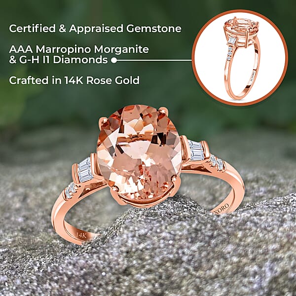 Ankur Treasure Chest Certified And Appraised Luxoro 14K Rose Gold AAA Marropino Morganite And G-H I1 Diamond Ring 4.05 Ctw