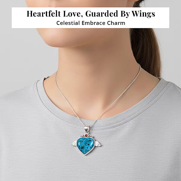 Aqua Quartz Red Aventurine Angel Wing Heart Pendant In Silvertone With Stainless Steel Necklace 38.00 Ctw (20 Inches)