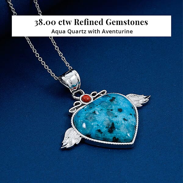 Aqua Quartz Red Aventurine Angel Wing Heart Pendant In Silvertone With Stainless Steel Necklace 38.00 Ctw (20 Inches)