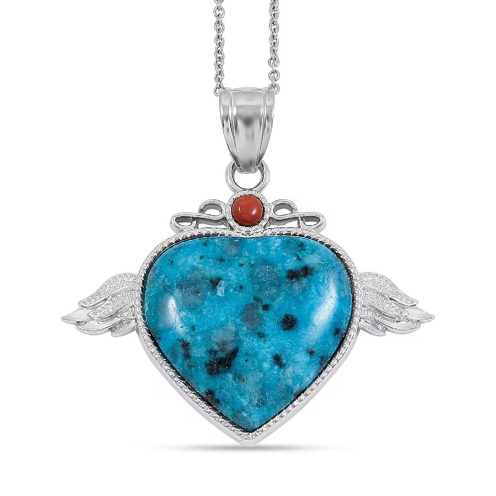 Aqua Quartz Red Aventurine Angel Wing Heart Pendant in Silvertone with Stainless Steel Necklace 38.00 ctw (20 Inches)