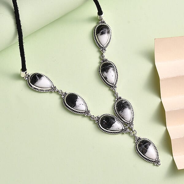 Artisan Crafted White Buffalo 28.00 Ctw Necklace In Sterling Silver And Black Leather Cord 18-20 Inches