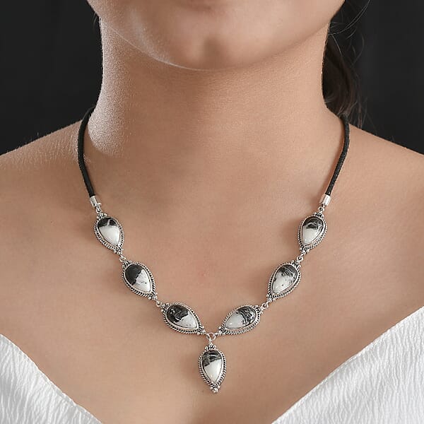 Artisan Crafted White Buffalo 28.00 Ctw Necklace In Sterling Silver And Black Leather Cord 18-20 Inches