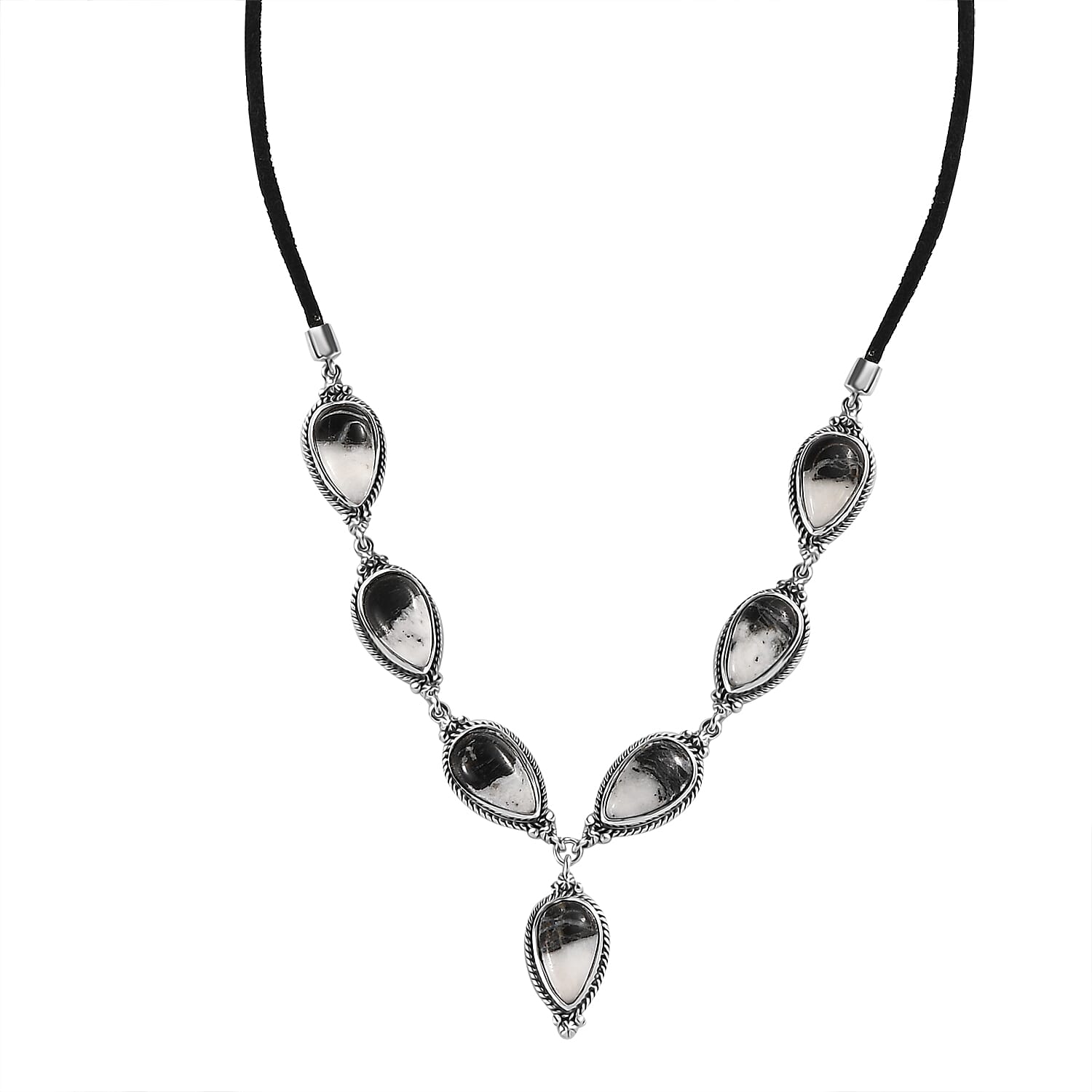 Artisan Crafted White Buffalo 28.00 ctw Necklace in Sterling Silver and Black Leather Cord 18-20 Inches