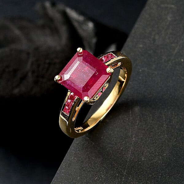 Asscher Cut African Ruby (FF) And Zambian Emerald 8.15 Ctw Ring In 18K Vermeil Yellow Gold Sterling Silver
