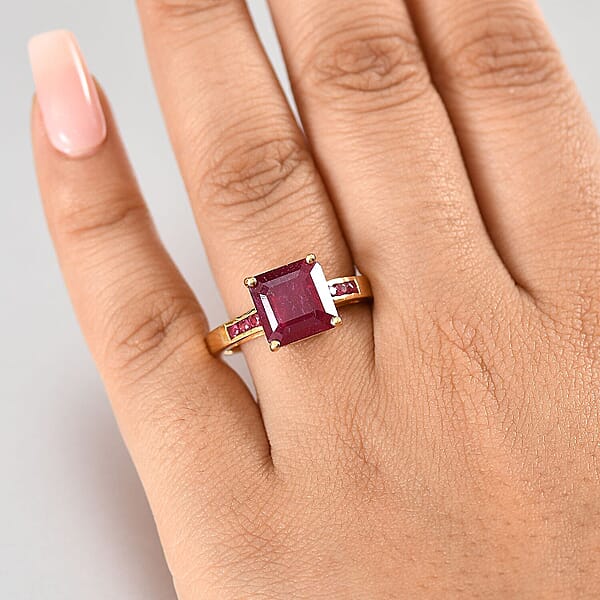 Asscher Cut African Ruby (FF) And Zambian Emerald 8.15 Ctw Ring In 18K Vermeil Yellow Gold Sterling Silver