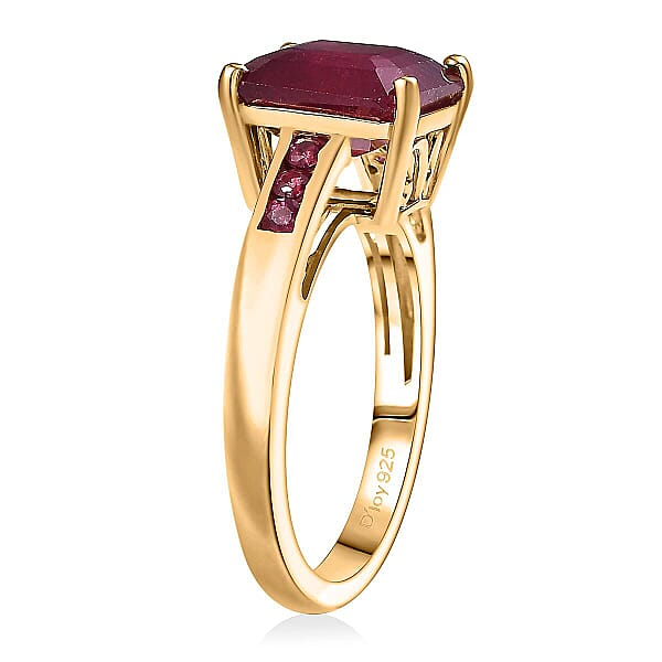 Asscher Cut African Ruby (FF) And Zambian Emerald 8.15 Ctw Ring In 18K Vermeil Yellow Gold Sterling Silver