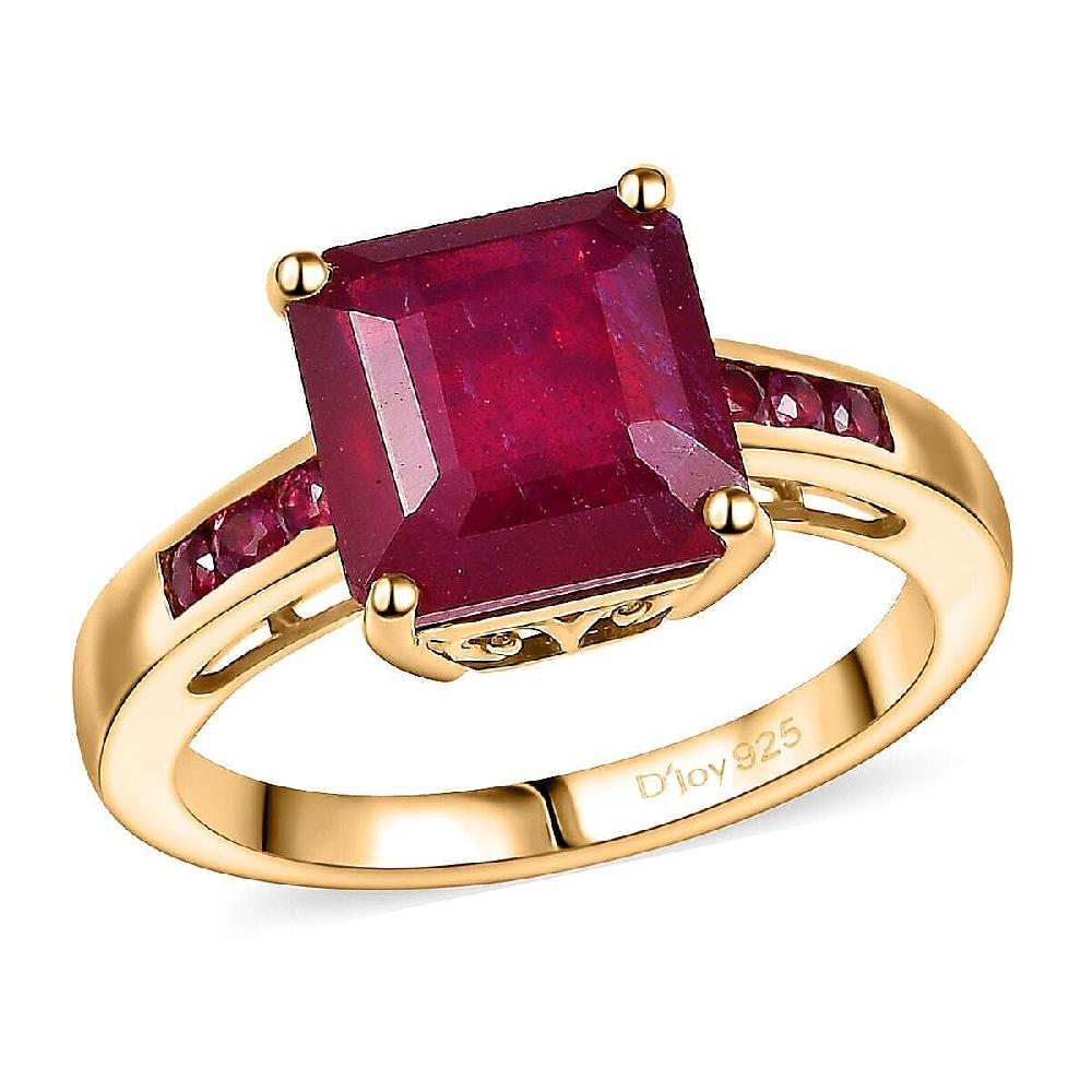 Asscher Cut African Ruby (FF) and Zambian Emerald 8.15 ctw Ring in 18K Vermeil Yellow Gold Sterling Silver