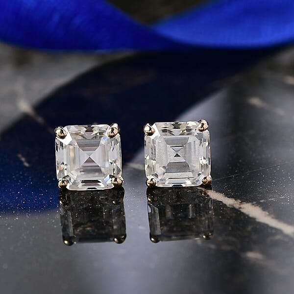 Asscher Cut Moissanite 3.50 Ctw Solitaire Stud Earrings In 14K Yellow Gold