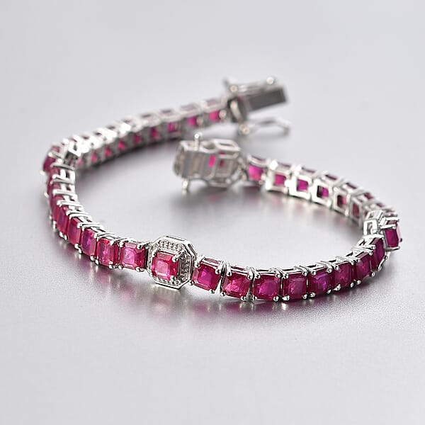 Asscher Cut Niassa Ruby (FF) 22.80 Ctw Serene Harmony Bracelet In Rhodium Over Sterling Silver (8.00 In)