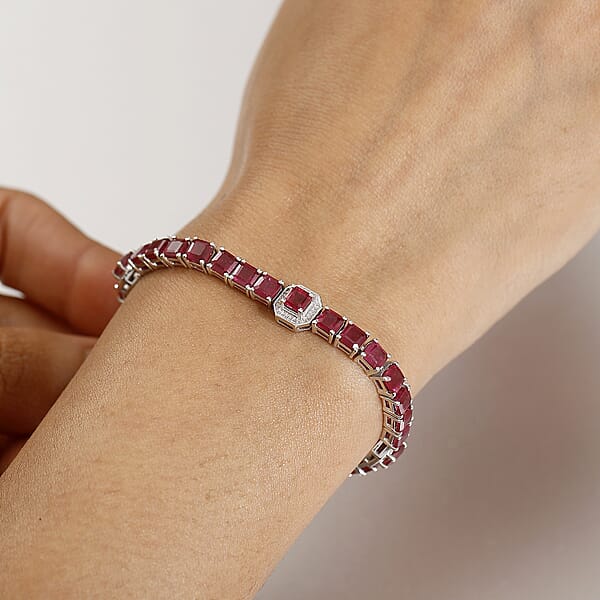 Asscher Cut Niassa Ruby (FF) 22.80 Ctw Serene Harmony Bracelet In Rhodium Over Sterling Silver (8.00 In)