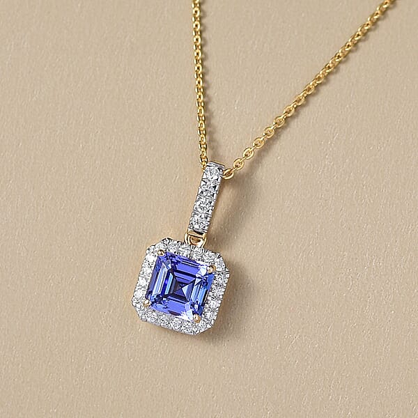 Asscher Cut Premium Tanzanite Lab Grown Diamond Pendant In 14K Yellow Gold With 18K Vermeil YG Over Sterling Silver Necklace 1.60 Ctw (20 Inches)