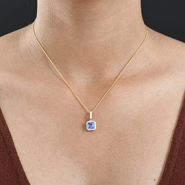 Asscher Cut Premium Tanzanite Lab Grown Diamond Pendant In 14K Yellow Gold With 18K Vermeil YG Over Sterling Silver Necklace 1.60 Ctw (20 Inches)