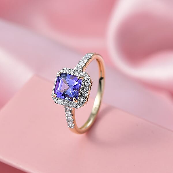 Asscher Cut Tanzanite Lab Grown Diamond Halo Ring In 14K Yellow Gold 1.35 Ctw