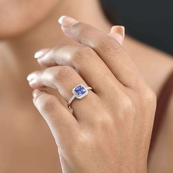 Asscher Cut Tanzanite Lab Grown Diamond Halo Ring In 14K Yellow Gold 1.35 Ctw