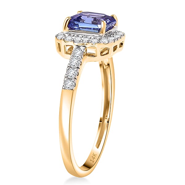 Asscher Cut Tanzanite Lab Grown Diamond Halo Ring In 14K Yellow Gold 1.35 Ctw