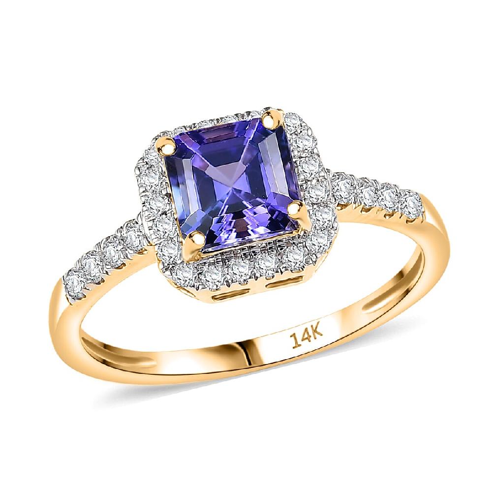 Asscher Cut Tanzanite Lab Grown Diamond Halo Ring in 14K Yellow Gold 1.35 ctw