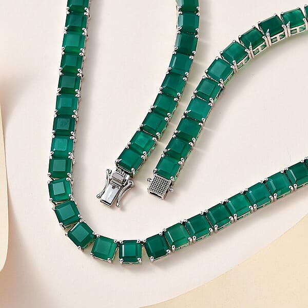 Asscher Cut Verde Onyx Necklace 18 Inches In Platinum Over Sterling Silver 109.10 Ctw
