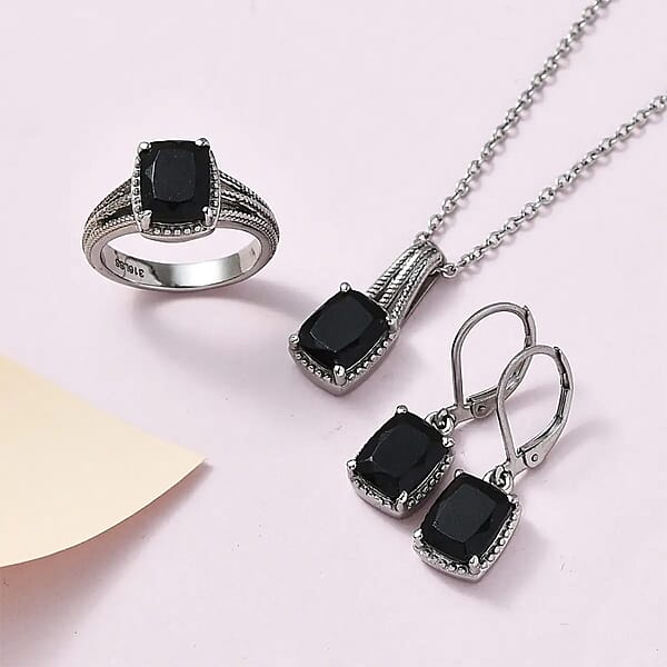 Australian Black Tourmaline Lever Back Earrings Ring Pendant Necklace 20 Inches In Stainless Steel 7.35 Ctw