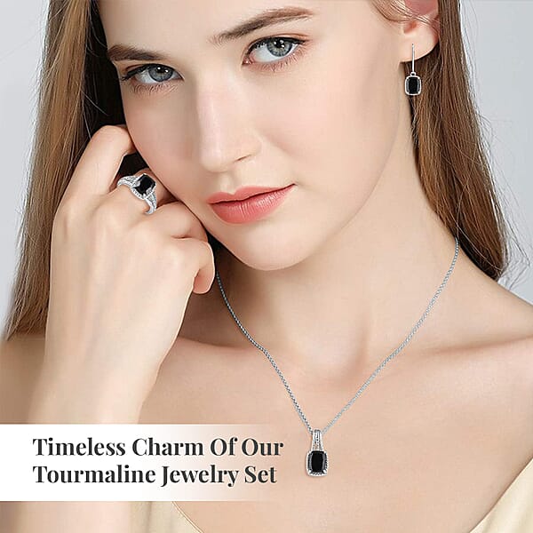 Australian Black Tourmaline Lever Back Earrings Ring Pendant Necklace 20 Inches In Stainless Steel 7.35 Ctw